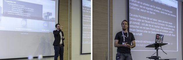 DeafIT: Left: Matthias Stommel with Blockchain - Right: Nepomuk Seiler with „master branch“ und „continuous deployment“