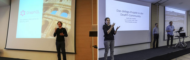 DeafIT Links: Fabian Spillner mit GraphQL * Rechts: Jörn Koch mit Delegs-Projekt