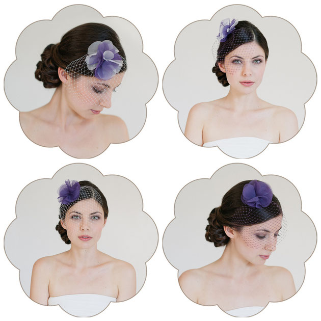 Fascinator aus einer luftig zarten Blüte aus hochwertiger Organzaseide umspielt von einem Netzschleier in lila oder ivory-lila.