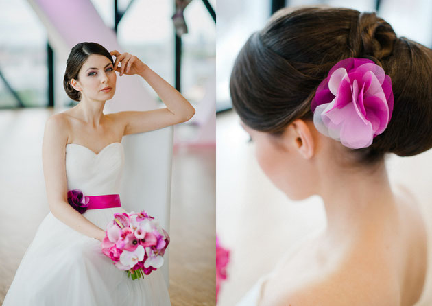Brautgürtel und Haarblüte in Rosa, Pink, Violett Mix für die moderne Braut