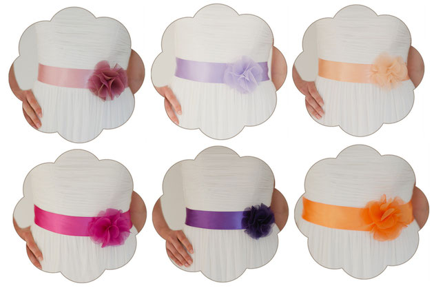 Brautgürtel in viele Farben - von Rosa und Apricot über spritziges Royalblau und Türkis bis hin zu erfrischendem Rot und Orange.