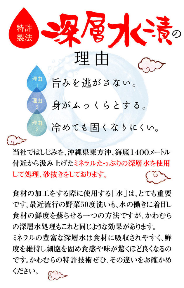 特許製法　深層水漬を行うことにより、①旨みを逃がさない②身がふっくらとする③冷めても固くなりにくい　などの効果があります。