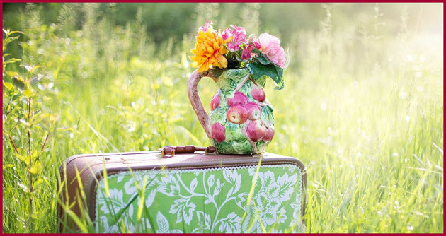 Grüner Koffer mit Blumenvase auf einer grünen Wiese