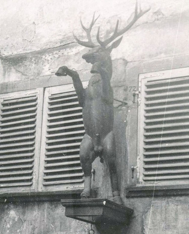 Le Cerf cabré enseigne de l'ancienne auberge de gourmet "Au Cerf " à Riquewihr avant la pose du cache sexe en 1935. Il s'agit d'une copie datée de 1925 (ateliers Klemm) de l'enseigne originale déposée en 1888 au Musée Unterlinden de Colmar.