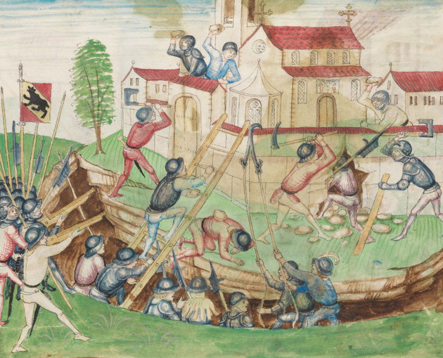 Diebold Schilling, Amtliche Berner Chronik,volume 1, années 1474-1483, attaque d'un cimetière fortifié 