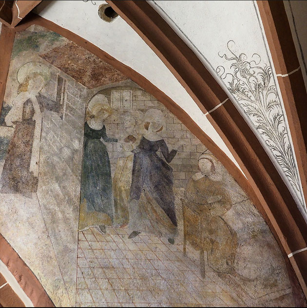 Un magnifique cycle de peintures murales  représentant quatorze scènes de la vie de saint Nicolas (1493) est visible à Hunawihr en Alsace. Photographie : Anny et Jacques Brandini