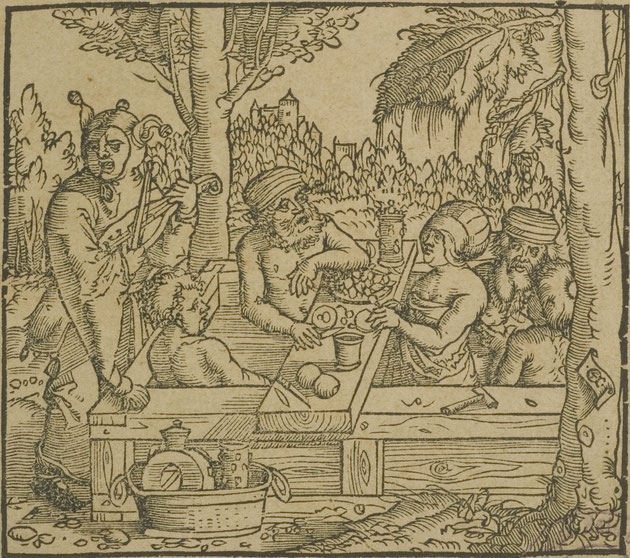  Groupe prenant un bain,  1ère impr. dans l’ouvrage : Laurentius Fries, Tractat der Wildbeder, Jean Grüninger, 1519, BNU Strasbourg, R 101719
