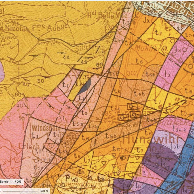 Les terroirs de Hunawihr - Détail de la carte géologique de Colmar-Artolsheim , (1/50 000), BRGM.