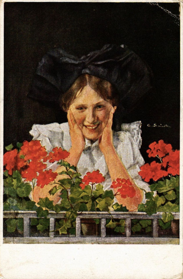 La jeune alsacienne aux géraniums, Carte postale imprimée d'après un tableau de Charles Spindler 