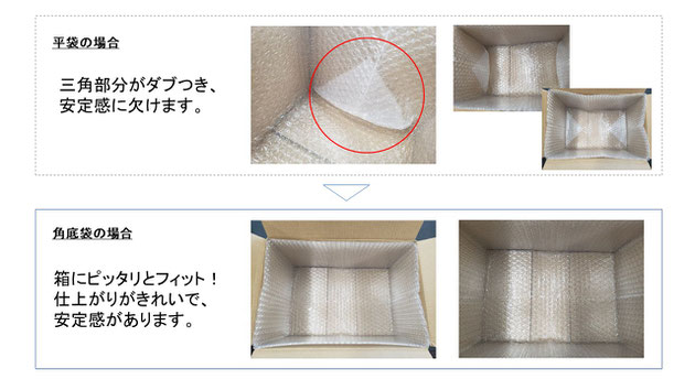 平袋と角底袋の比較。安定感と緩衝性能が上がっていることがわかります。