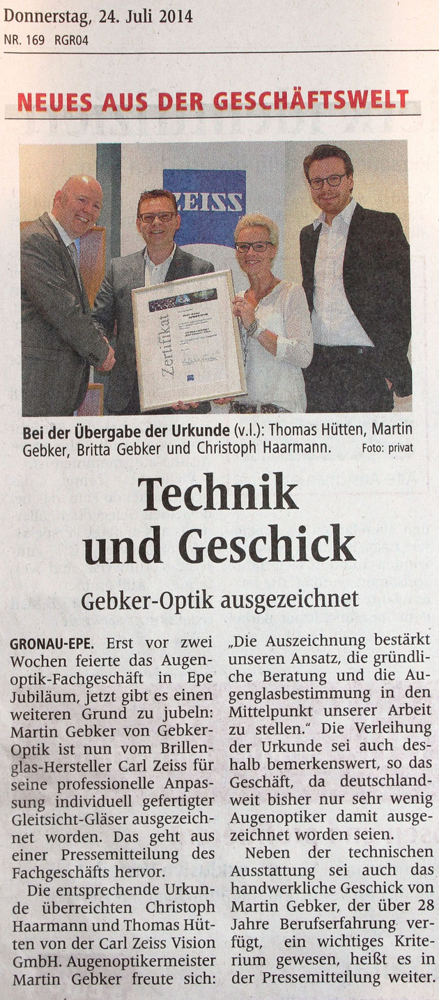Auszeichnung für Martin Gebker von Gebker Optik aus Gronau - Epe.