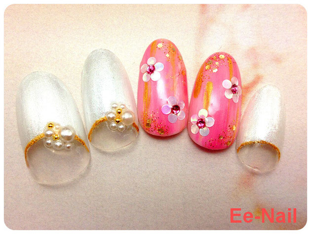 紅梅色×花柄☆着物ネイル