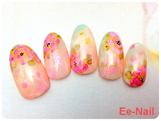 タイダイ和花柄☆着物ネイル