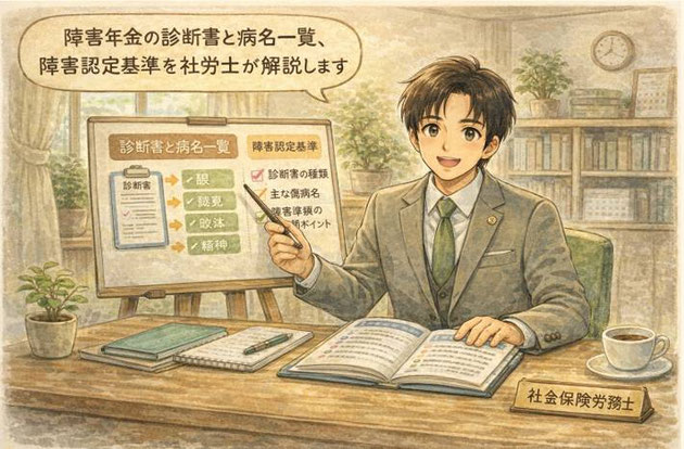 障害年金の診断書と病名一覧、障害認定基準の関係を社会保険労務士が解説している様子のイラスト