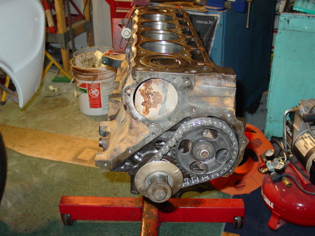 new motor on the stand, new cam, bearings, rings, pump, timing chain, cylinders honed, freeze plugs