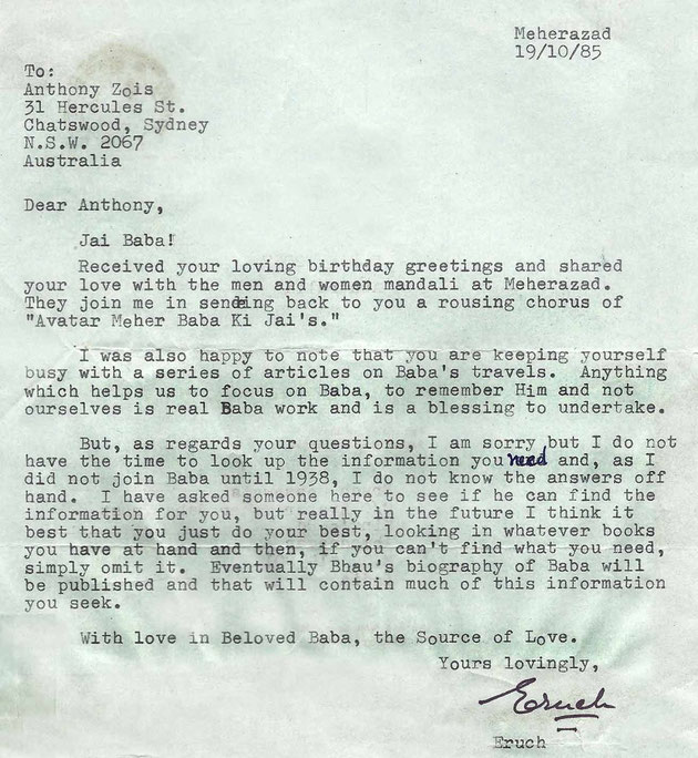 Letter from Eruch Jessawala