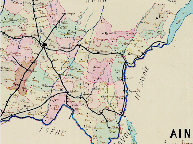 Focus carte scolaire du département de l'Ain au XIXe siècle établie par Marius Pillon (instituteur), à Viriat. (ADA/cadastre 100 Fi 259). En noir les axes de circulation.