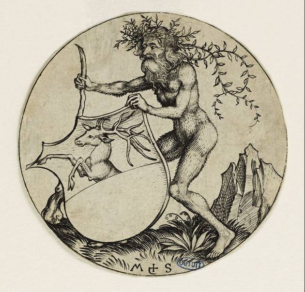 Martin Schongauer, Homme sauvage tenant un écu à la tête de cerf, v. 1485-1491, gravure, Musée Unterlinden, Colmar