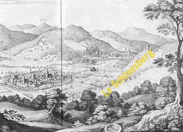 Kientzheim et Kaysersberg ainsi que le Schlossberg - Gravure de Mattheus MERIAN, Topographia Alsatiae, 1644