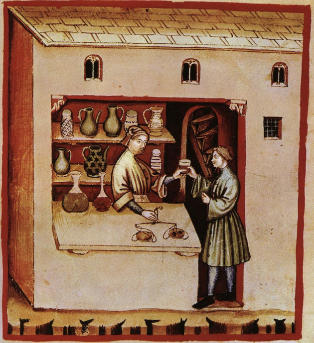 Les apothicaires et apothicairesses étaient les précurseurs des pharmaciens. Ils préparaient et vendaient des breuvages et des médicaments pour les malades. « Apothecarius » vient du latin et signifie « boutiquier »