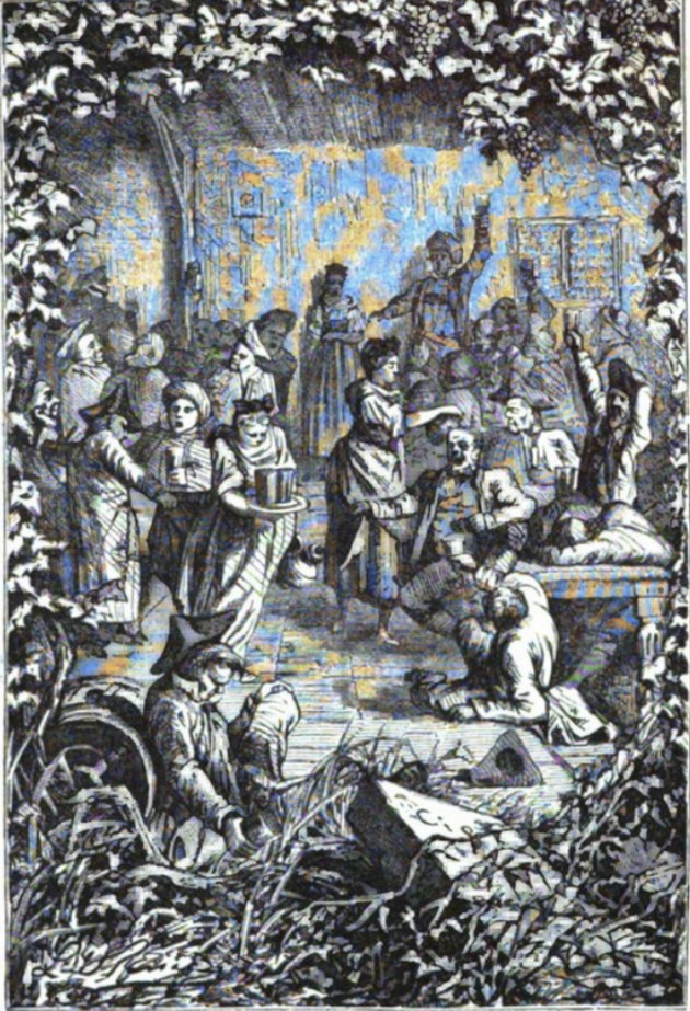 Du vin, du vin ! illustration in Le Chant de la Tonne par Erckmann-Chatrian (Emile Erckmann, 1822-1899 et Alexandre Chatrian, 1826-1890) publié dans Contes des bords du Rhin, in Contes et Romans populaires (1867) aux célèbres éditions Hetzel.
