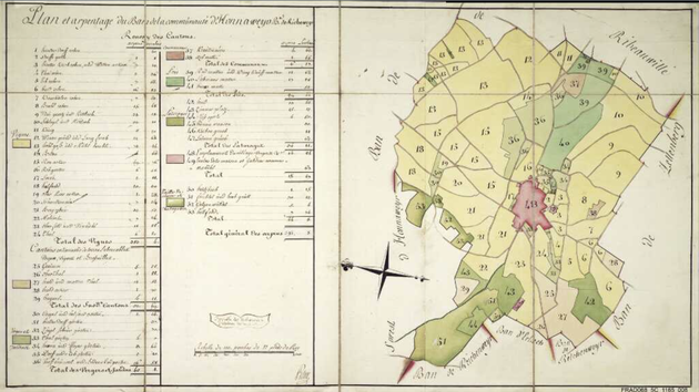 Plan et arpentage du ban de la communauté de Hunaweyer - Hunawihr - carte établie au XVIIIe siècle - Archives départementales du Haut-Rhin 5C 1165/08