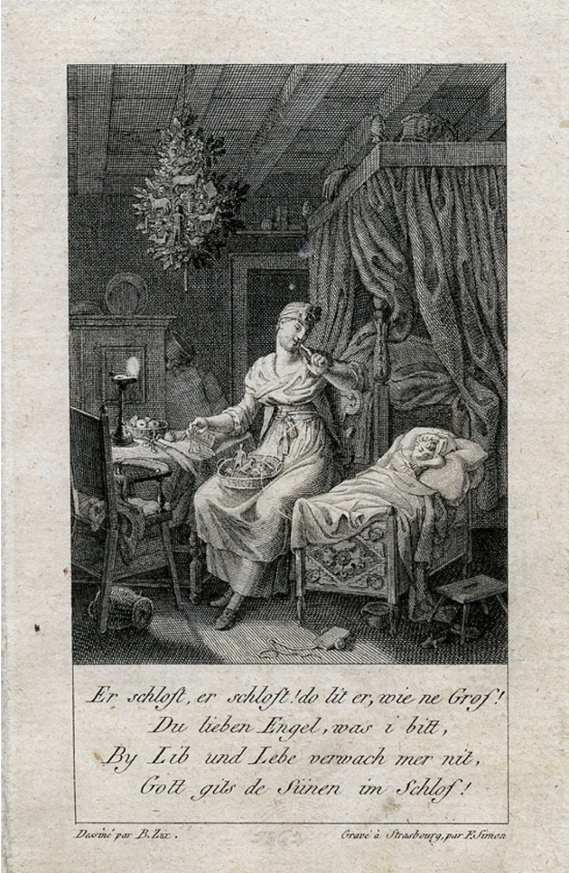 La plus ancienne représentation que l’on connaisse d’un tel sapin suspendu est une gravure du Strasbourgeois Benjamin Zix (1772-1811), Er schloft, datée de 1806 et conservée au Cabinet des estampes et des dessins de Strasbourg.