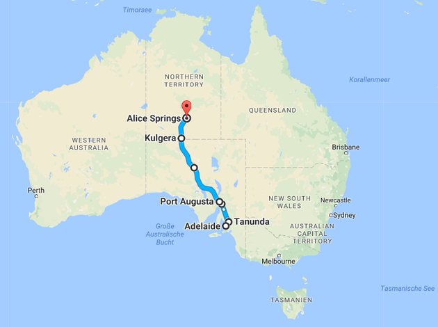 Die Strecke von Adelaide nach Alice Springs. (Quelle: Googlemaps)