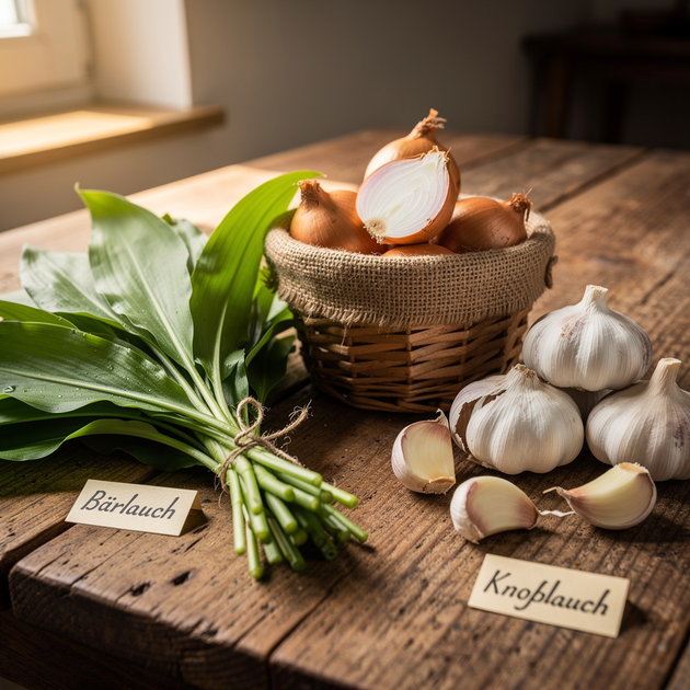 KI Foto mit Bärlauch Zwiebeln und Knoblauch