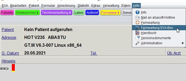 Ärzte Praxisverwaltung Praxissoftware IT Arzthelferin MFA Linux EVA Box Fernwartung aktivieren abasoft techniker wie aktiviere ich die Fernwartung in EVA