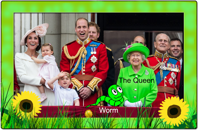 Walter le vers de terre qui apprend vos enfants l'anglais avec la reine de l'Angleterre.