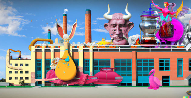 Ein aus DALL-E generiertes Bild, das ein Fabrikgebäude mit Kunstwerken zeigt.