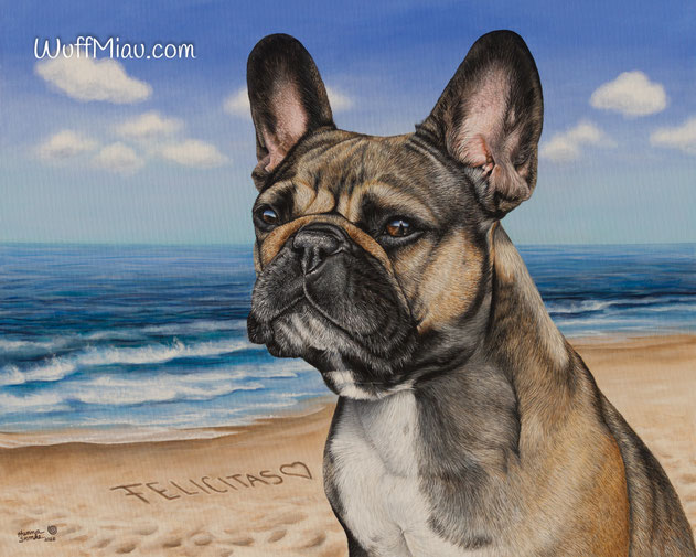 Französische Bulldogge "Felicitas" am Meer als Acrylgemälde
