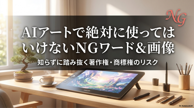 AIアートでは、  他人の作品、キャラクター、ロゴ、ブランド名、  有名人の名前や写真をそのまま使うことは避けた方が安全です。