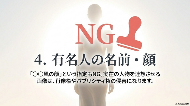 有名人、インフルエンサー、芸能人、スポーツ選手、声優、YouTuberなどの名前や顔を使う場合も注意が必要です。