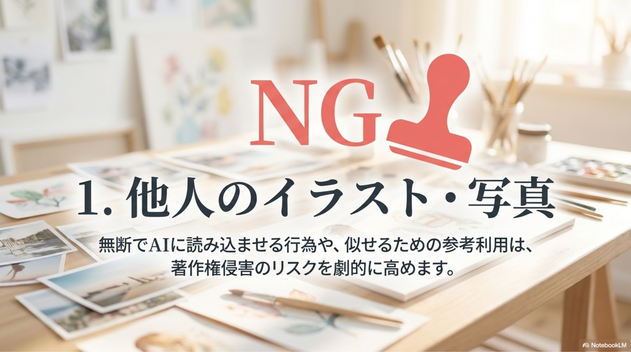 AIアート制作では、既存の画像をそのまま使う場合に注意が必要です。