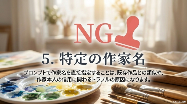 AIアートでは、  特定の作家名やイラストレーター名を入れて  作風を指定する使い方も注意が必要です。