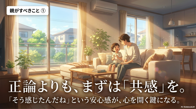 子どもは、 答えが欲しい前に、  「気持ちを受け止めてもらえた」  という安心感を求めています。