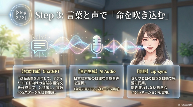 1. AIアバターを準備する ツールにログインしたら、AIアバターの作成画面へ。テキストから生成する場合は、以下の情報を入力します：