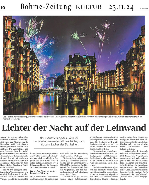 Austellung "Lichter der Nacht" Böhme-Zeitung 23.11.24