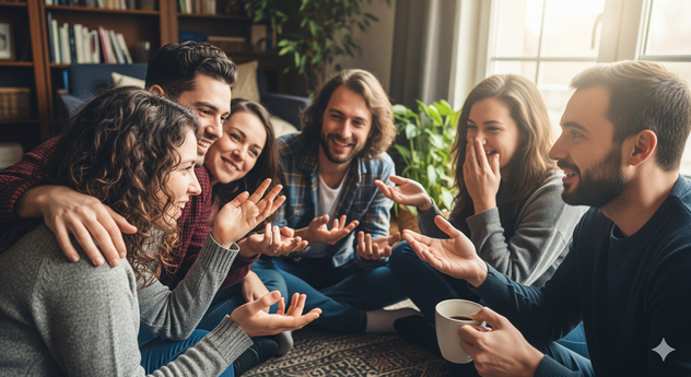 Freundesgruppe lachend im Wohnzimmer: Echte Verbindungen und Freude im sozialen Miteinander. Ideal für Blogs über Freundschaft, soziale Beziehungen, Glück und geselliges Beisammensein. Ein 16:9-Bild, das Authentizität und Verbundenheit ausstrahlt.