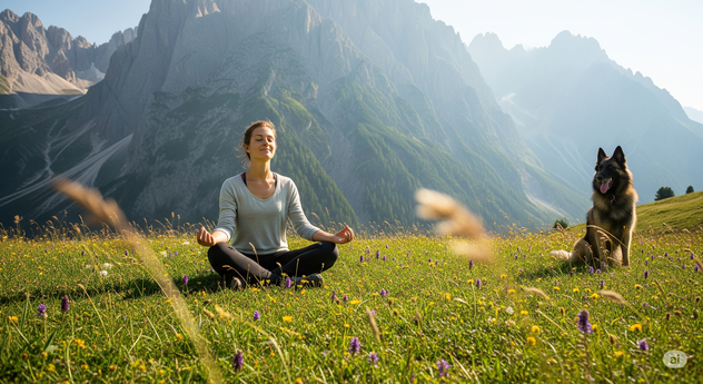 Eine Person meditiert auf einer Alpwiese vor einer beeindruckenden Bergkulisse, mit Ronalds Hund Blue(belgischer Schäferhund) im Hintergrund