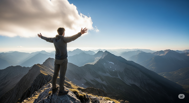 Eine Person steht auf einem Berggipfel mit ausgestreckten Armen und blickt triumphierend in die Ferne.