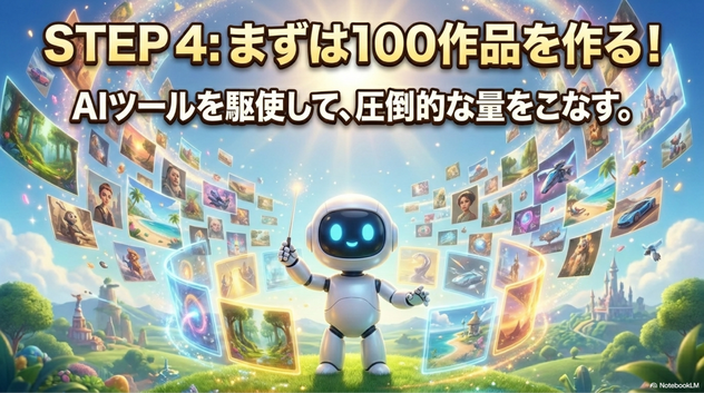 初心者はまず100作品を目標に作るのがおすすめです。   使用例  ChatGPT画像生成 Adobe Firefly Canva その他画像生成AI