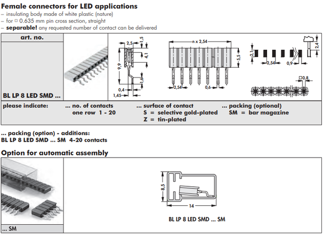 BL LP 8 LED SMD  表面実装用連結ソケット  2.54mmピッチ ライトアングル LEDアプリケーション用