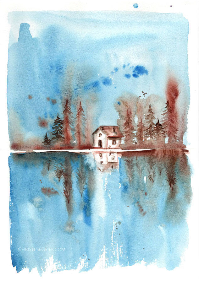 Haus am See, Landschaftsmalerei, landscapeart, illustration, Aquarell, house lake, Gemälde, Kunst, Kunstwerk, watercolor, watercolour, clairefonaine, Malerei, Winsor and Newton, Kunst, art