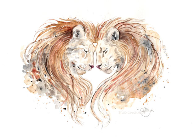 Löwenbrüder, Löwe, lion, lionheart, Löwenherz, Freundschaftstattoo, Liebe, Brüder, brothers, Tattoo, Entwurf, Design, Aquarell, Illustration, contemporary art, zeitgenössische Kunst, spirit, lion art,  watercolour, watercolor