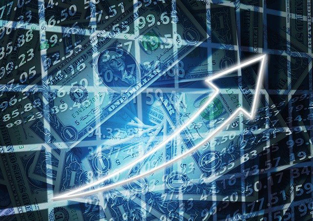 Zahlen, Dollarscheine, steigender Pfeil