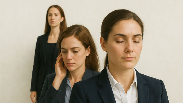 3 Frauen in Businesskleidung stehen hintereinander in leicht versetzter Formation vor hellem Hintergrund. Ihre Gesichtsausdrücke wirken ruhig, nachdenklich oder geschlossen – sie symbolisieren unterschiedliche Ebenen weiblicher Führung &innere Ausrichtung