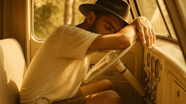 Ein Mann mit Hut und weißem T-Shirt sitzt in einem alten Auto und lehnt mit dem Kopf auf dem Lenkrad. Er wirkt erschöpft oder nachdenklich, während Sonnenlicht durch das Fenster fällt und eine warme, melancholische Stimmung erzeugt.